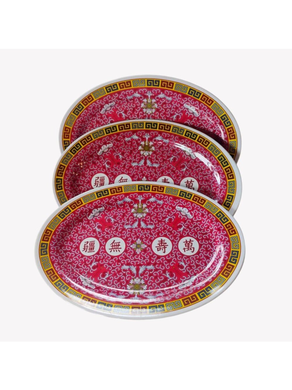 Set Of 3 Vtg Chinese Longevity Pattern Melamine Oval Platters 14" Tar-Hong - Picture 1 of 10